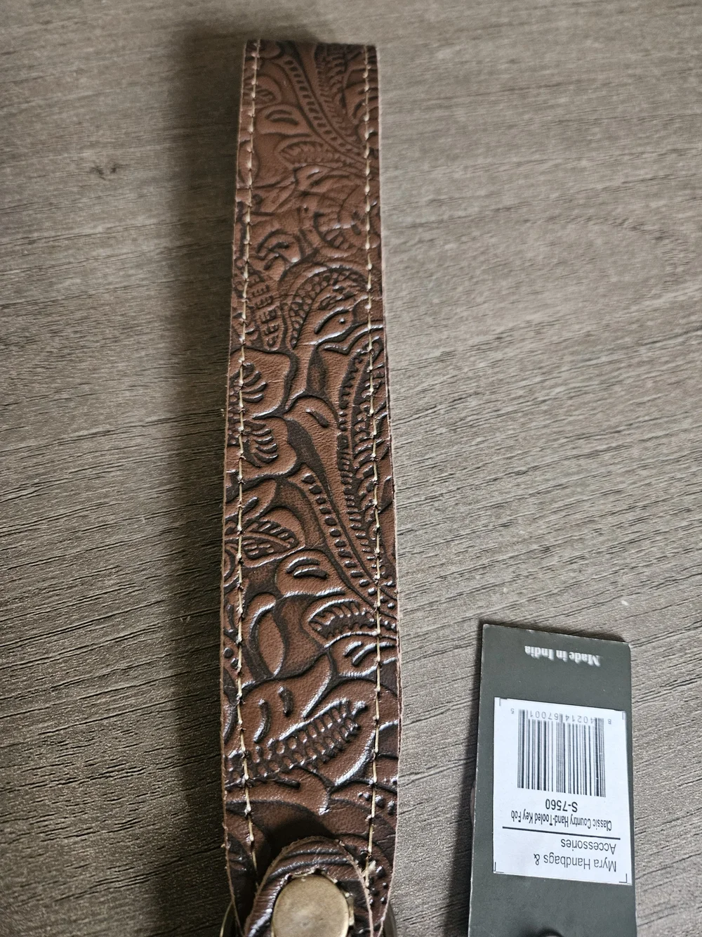 Myra Bag-Brown Tooled Leather Key Fob Wristlet with Antique Brass Clip-NWT